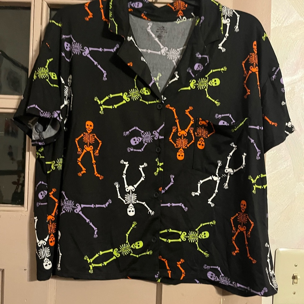 Black Short-Sleeve Button-Down Shirt with Neon Skeleton Print